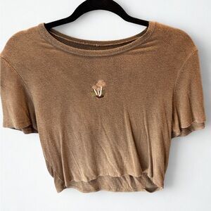 Brown Mushroom Embroidered Crop Tee - Women Tops